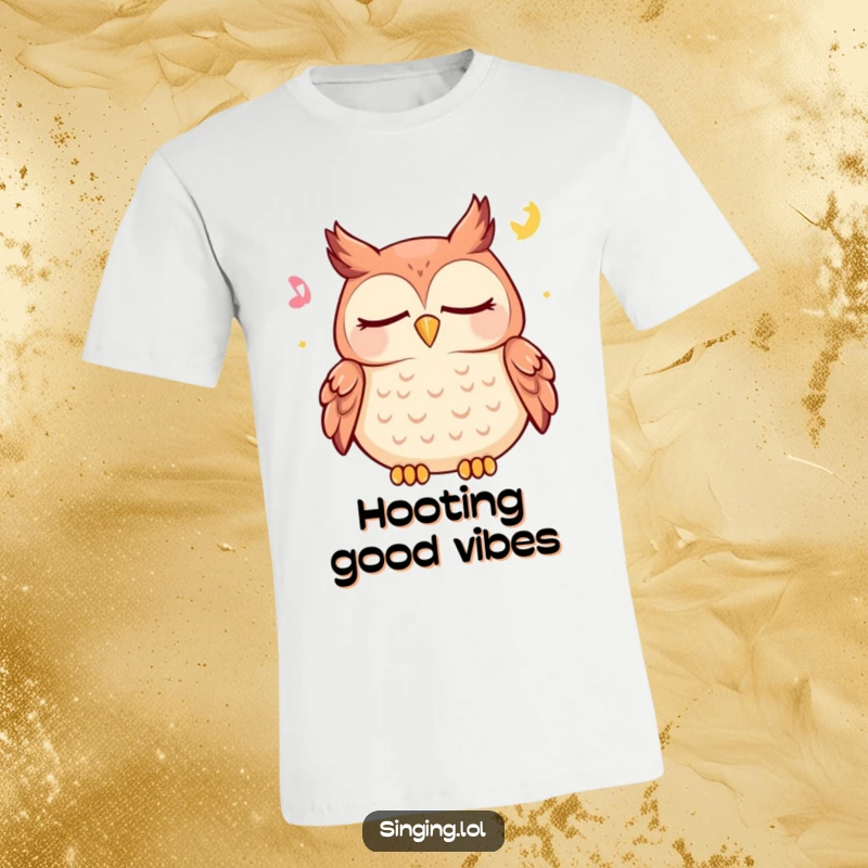 Funny owl t-shirt with a happy character closing its eyes to hoot a gentle lullaby, exuding peacefulness and charm.
