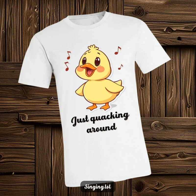 Funny t-shirt featuring a surprised duck character quacking a humorous tune, perfect for spreading cheer and laughter.