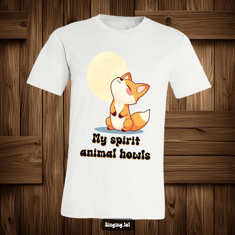 Funny joyful fox character howling ecstatically at a bright full moon on a soft graphic t-shirt, ideal humorous gift.
