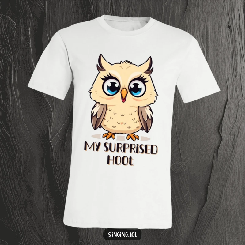 Funny T-Shirt showcasing a surprised owl character hooting loudly with wide eyes, perfect for expressing shock and humor.