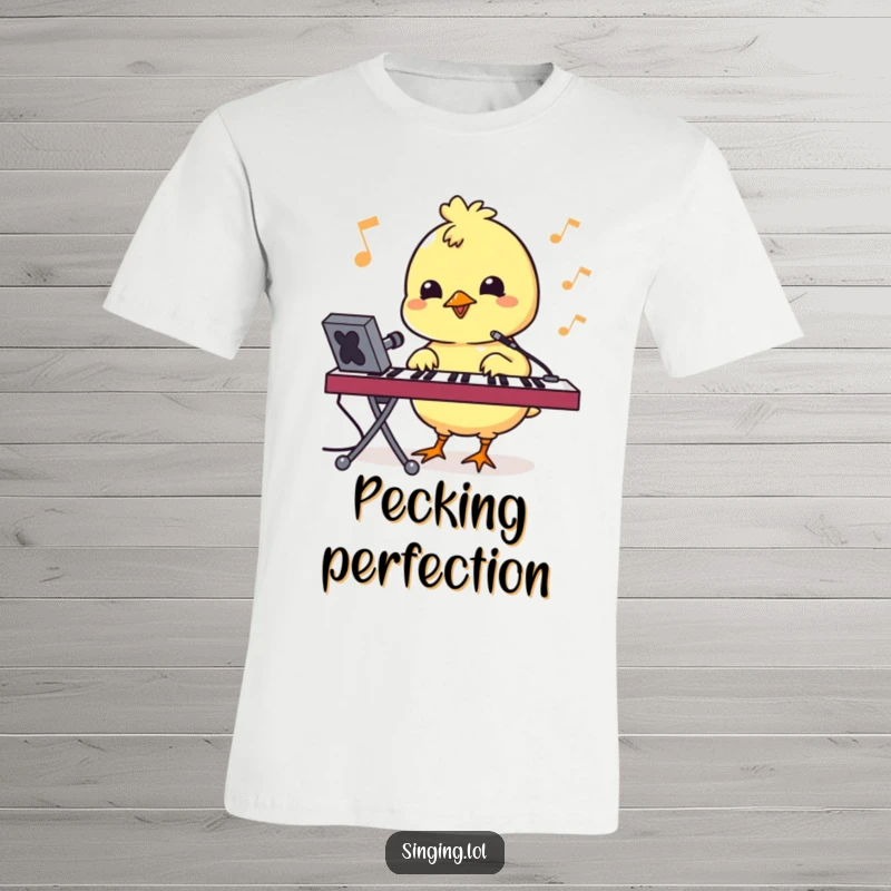 Funny t-shirt with a bouncy chick character pecking at a keyboard, celebrating the joy of typing and music.