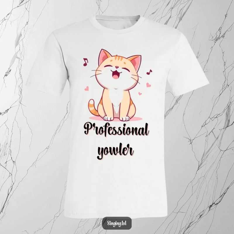 Funny t-shirt showcasing a giggling cat character passionately yowling a playful ballad, ideal for expressing musical joy and cat adoration.