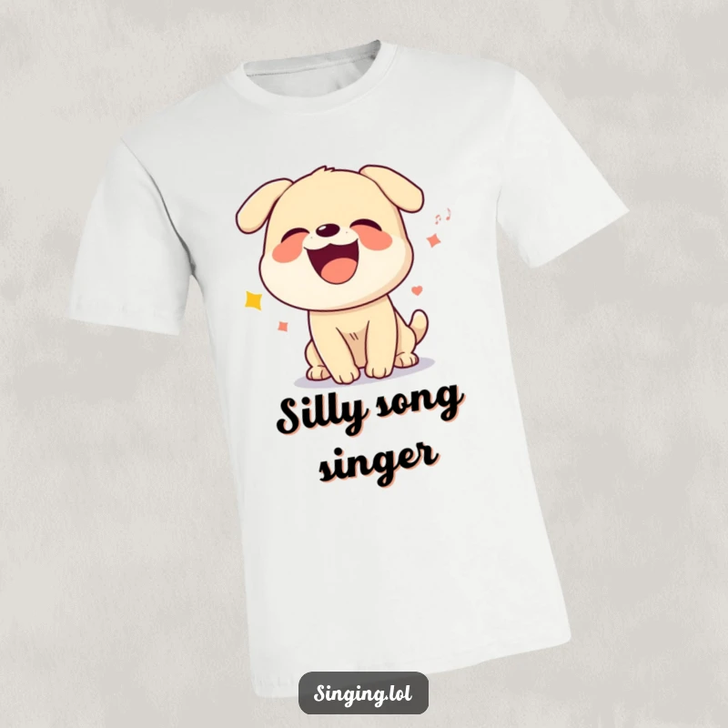 Funny t-shirt graphic of a giggling dog character howling a silly song, capturing a moment of pure canine amusement.