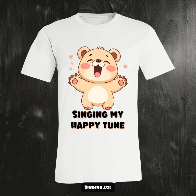 Funny Bear Cub Singer T-Shirt: A giggling bear cub sings with open paws, a design full of unbridled joy and energy.