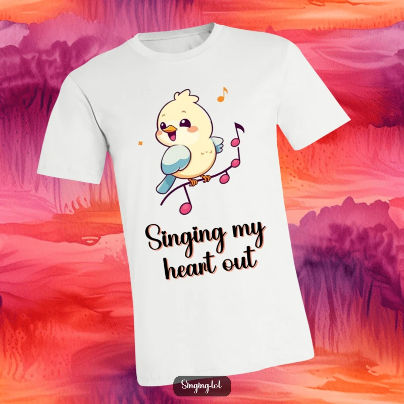 Funny Bird Musician T-Shirt: A cheerful bird rests on a musical note, chirping happily, a delightful and musical graphic.