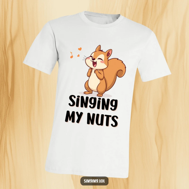 Funny t-shirt featuring a determined squirrel singing passionately with its tail wagging, radiating joyful energy.