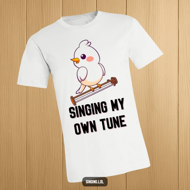 Funny bird t-shirt depicting a smiling bird character perched elegantly on a musical staff, serenading with a cheerful tune.