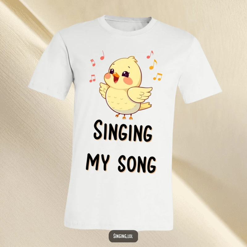 Funny t-shirt with a happy little bird chirping loudly surrounded by musical notes, embodying a joyful songbird.