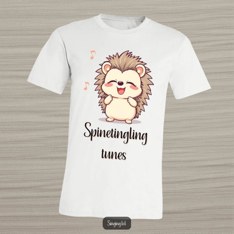 Funny smiling hedgehog belting out a song with closed eyes, printed on a comfortable tee for a musical and humorous look.