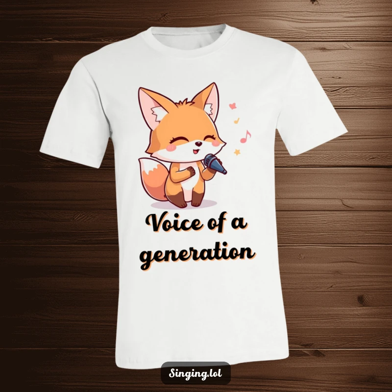 Funny t-shirt depicting a happy fox with eyes closed, holding a tiny microphone, lost in musical bliss.