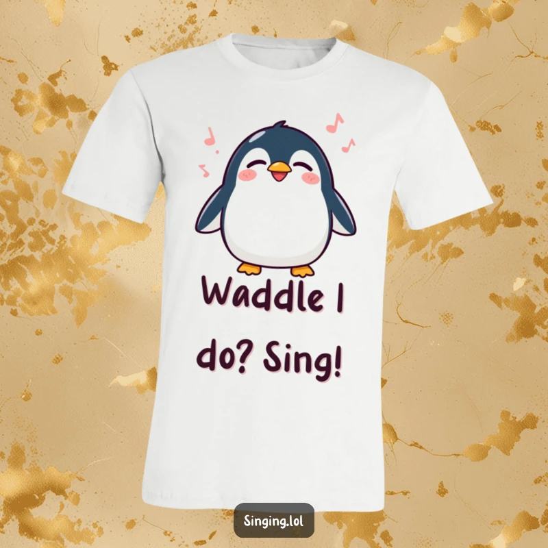 Funny Penguin Waddling Singing Tshirt, a cute penguin joyfully singing with eyes closed while waddling, promoting happiness.