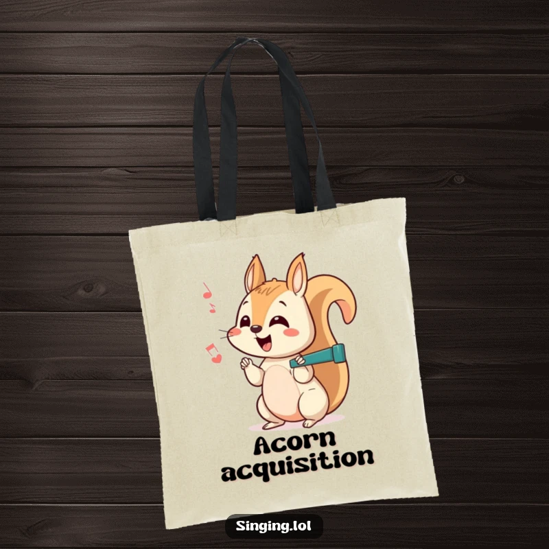 Funny squirrel tote bag with a curious character chattering a happy off-key rhythm, perfect for carrying treasures and daily finds.