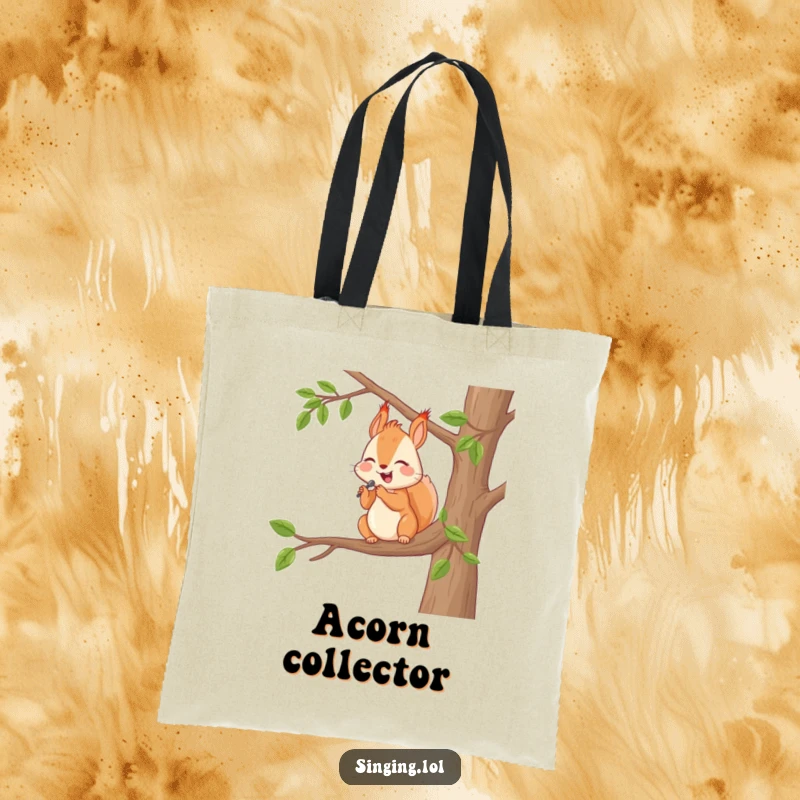 Funny Tote Bag: A happy squirrel sings from a tree branch, a functional and humorous accessory for nature lovers.