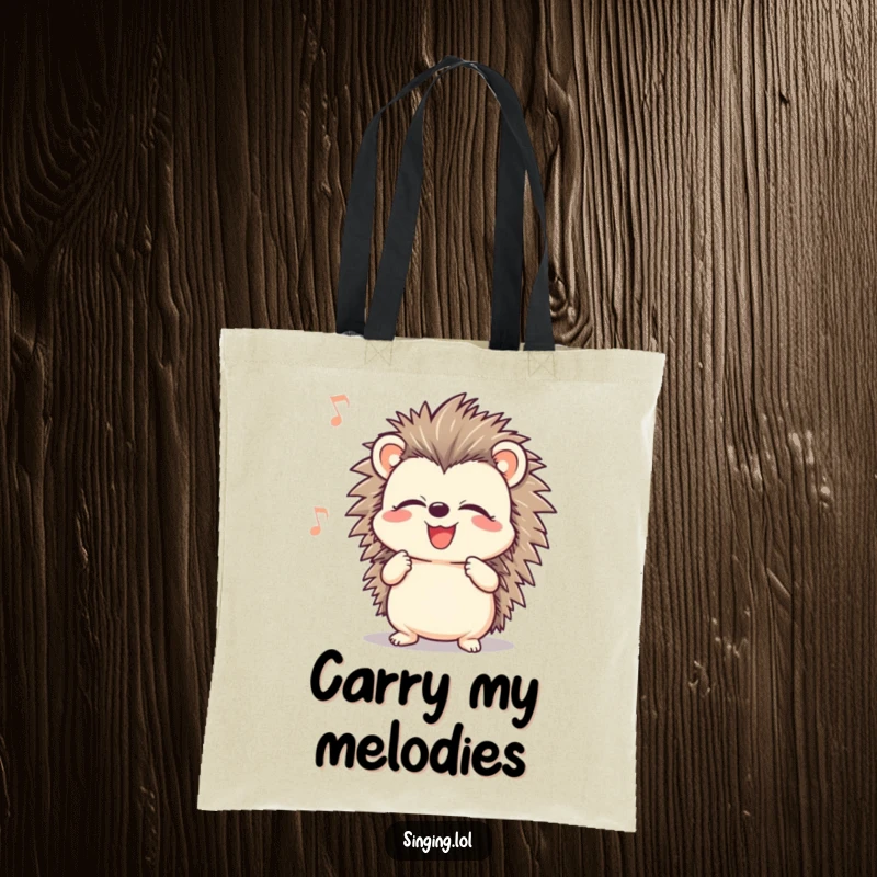Funny smiling hedgehog belting out a song with closed eyes, printed on a durable tote bag for music lovers.