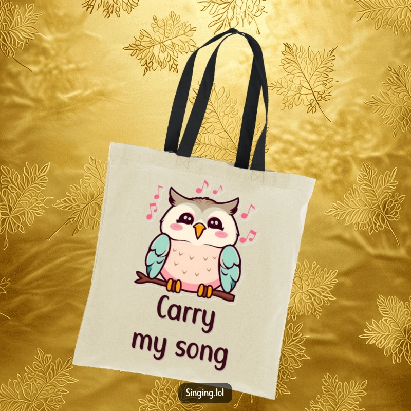 Funny tote bag showcasing a happy owl singing with musical notes, a practical and humorous accessory for carrying daily items.