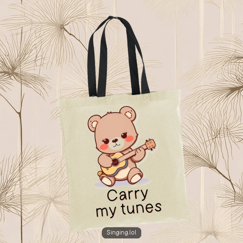 Funny tote bag featuring a playful bear cub character strumming a miniature guitar, ideal for carrying essentials with musical flair.