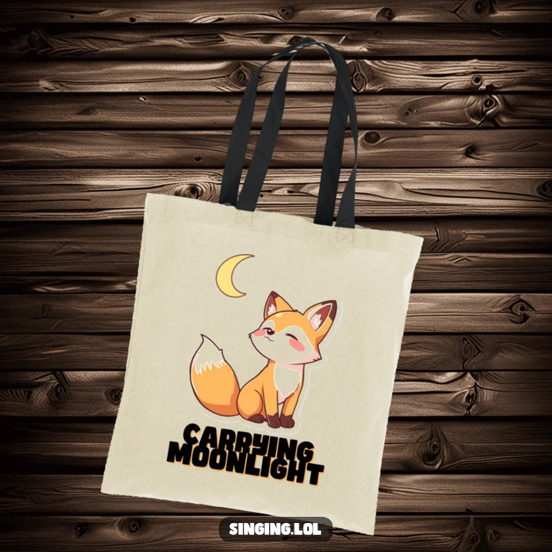 Funny tote bag featuring a playful fox character howling joyfully at a crescent moon, great for everyday use.