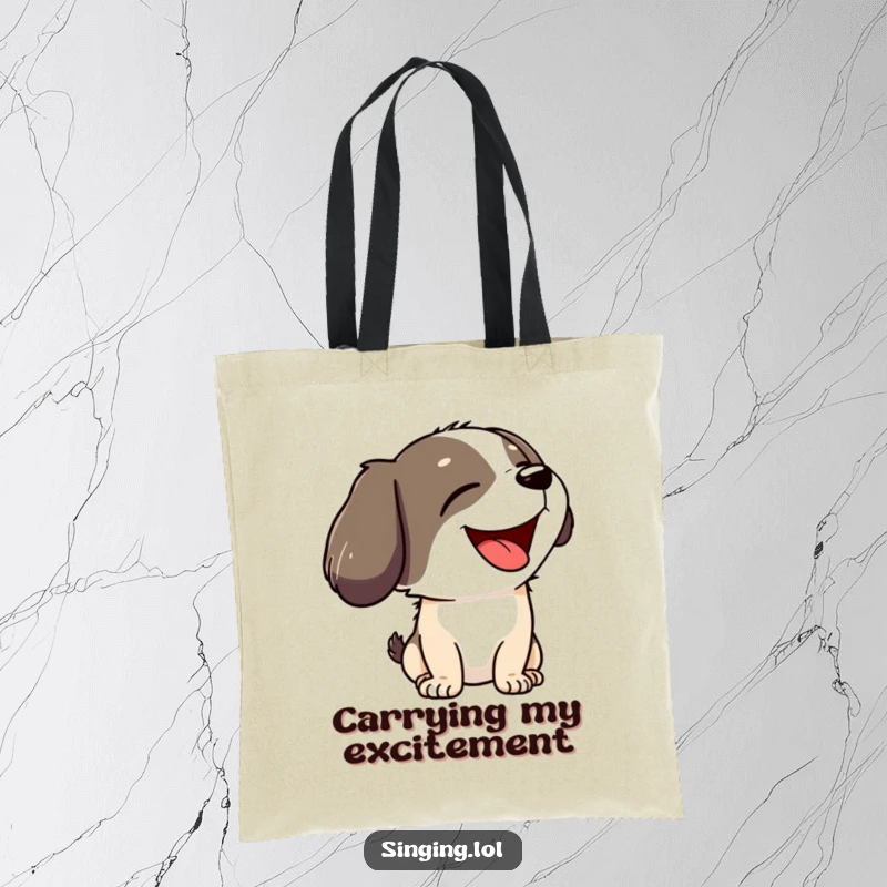 Funny tote bag featuring a joyful dog character howling with its head tilted back, great for everyday use.