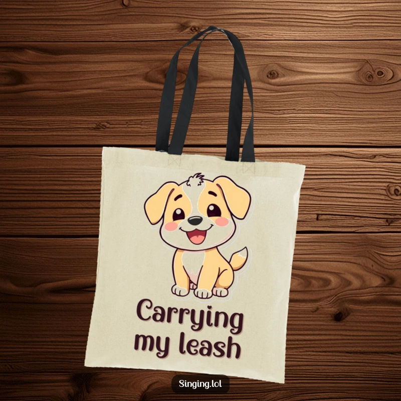 Funny tote bag featuring a happy puppy character with a wide grin and wagging tail, ideal for carrying essentials with furry joy.