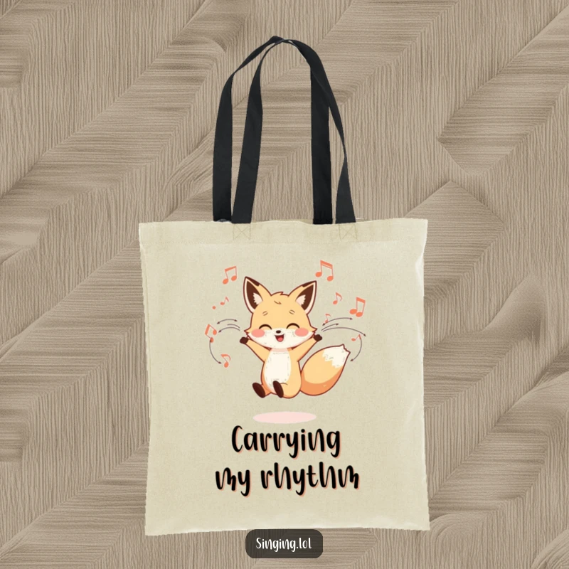 Funny tote bag featuring a little fox character dancing joyfully with musical notes swirling, ideal for carrying essentials with musical flair.