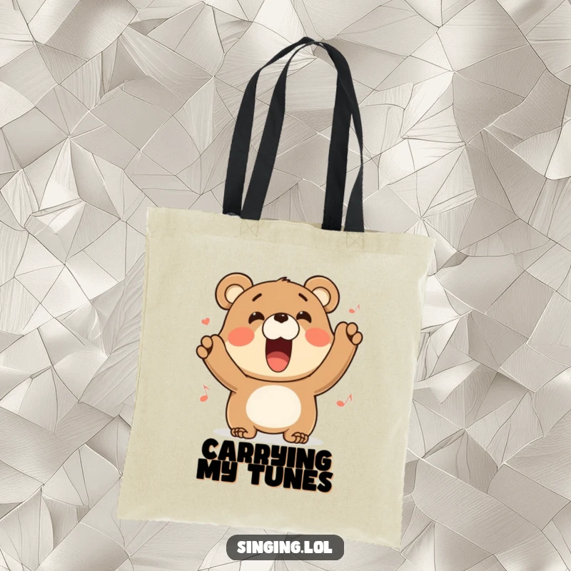 Funny bear tote bag featuring a character belting out a tune with a wide grin, perfect for carrying essentials with humor.