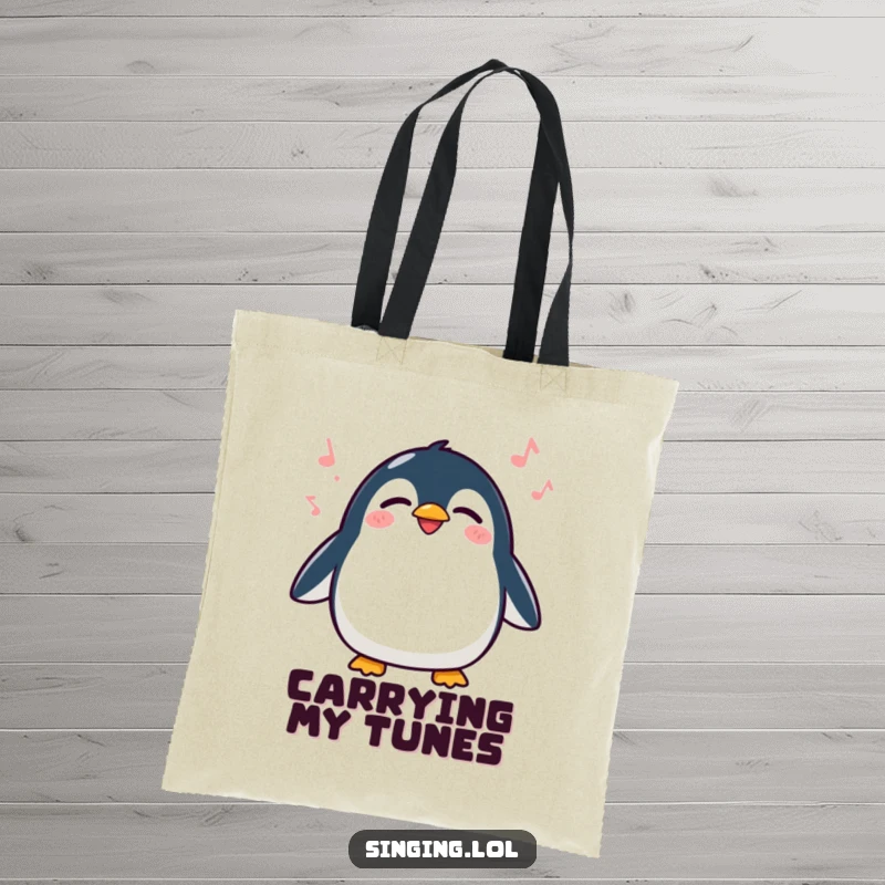 Funny Penguin Singing Tote Bag, a happy waddling penguin singing with closed eyes, a charming and practical accessory.
