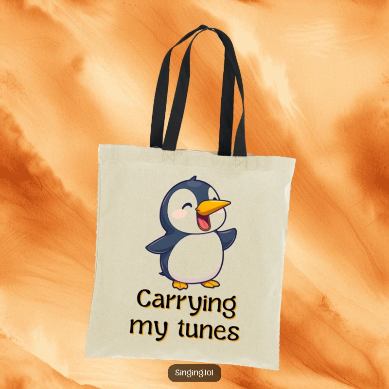 Funny tote bag showcasing a playful penguin character belting out a ballad, ideal for music lovers on the move.