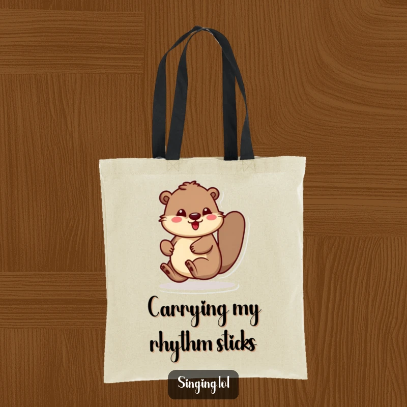 Funny tote bag featuring a beaver character energetically bouncing and rhythmically tapping its foot, ideal for carrying essentials with flair.