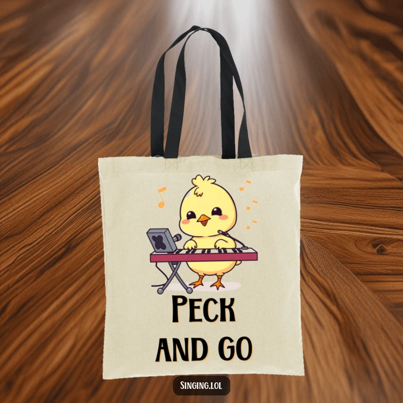 Funny tote bag with a bouncy chick character pecking at a keyboard, ideal for carrying tech gear.