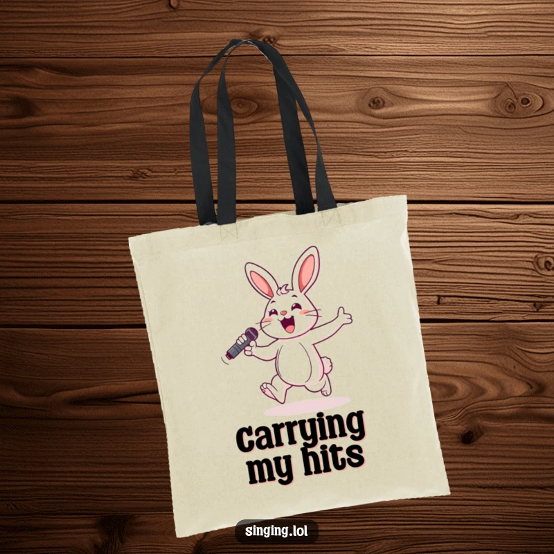 Funny tote bag depicting a cheerful bunny hopping with a microphone, ideal for carrying music-related items with flair.