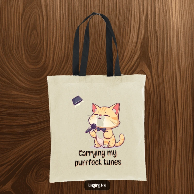 Funny tote bag featuring a debonair cat character crooning under a spotlight, ideal for carrying essentials with musical flair.