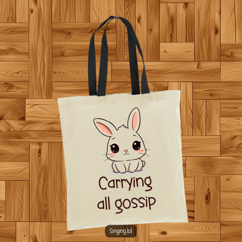 Funny tote bag showcasing a curious rabbit character with twitching ears, perfect for carrying essentials discreetly.