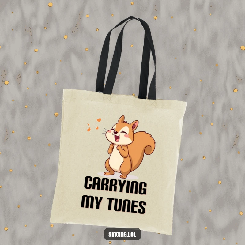 Funny tote bag featuring a determined squirrel singing loudly with its tail wagging, perfect for carrying essentials.