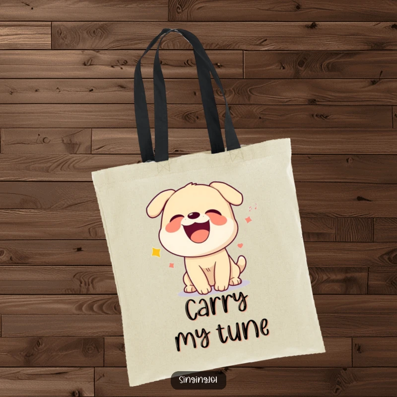 Funny tote bag with a design of a giggling dog character howling a silly song, ideal for carrying essentials with canine flair.