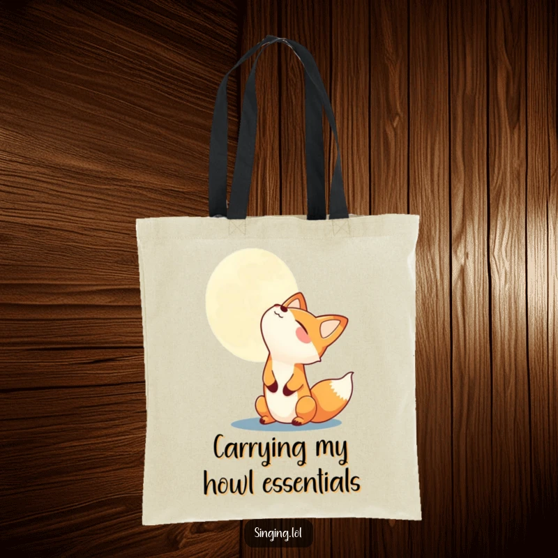 Funny fox character howling at the moon printed on a durable tote bag, showcasing a whimsical and humorous artistic design.