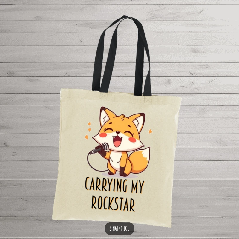 Funny Tote Bag with a cheerful fox character holding a microphone and singing powerfully, ideal for carrying music gear or daily items.