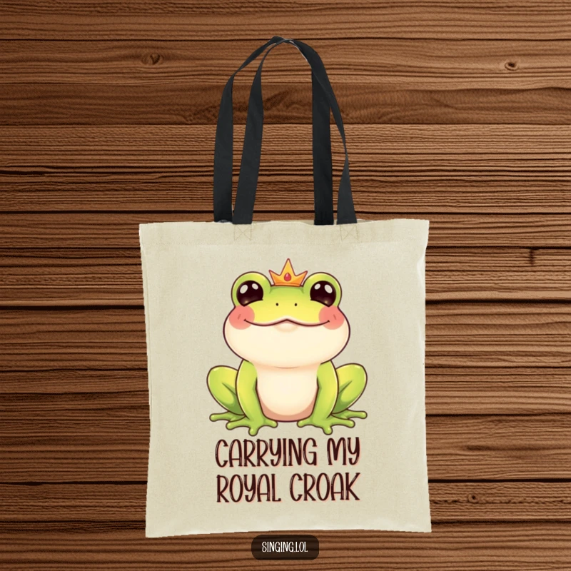 Funny Frog Prince tote bag depicting a giggling frog prince character enthusiastically croaking a happy, cheerful melody during his daily errands.