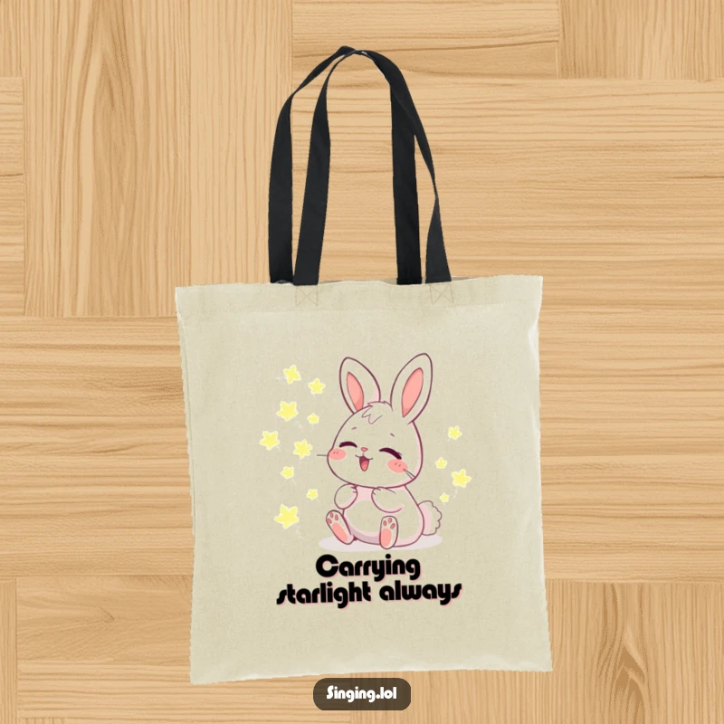 Funny Tote Bag with a giggling bunny character harmonizing with glowing fireflies, perfect for carrying daily essentials with a touch of magic.