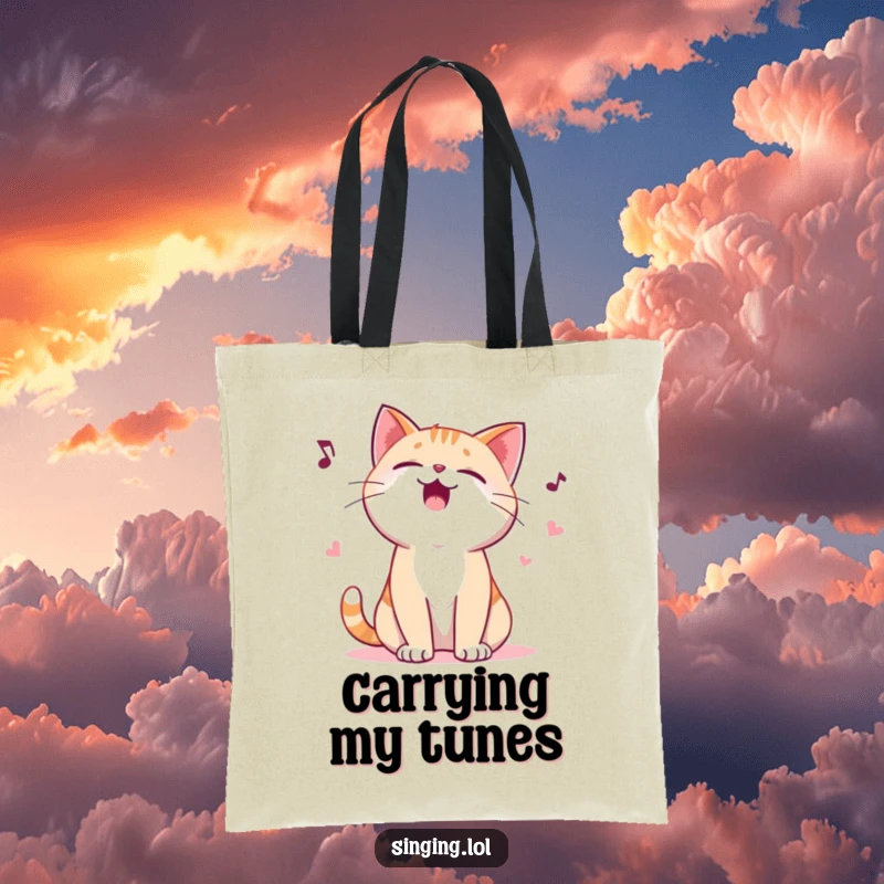 Funny tote bag illustrating a giggling cat character enthusiastically yowling a playful ballad, a humorous and practical accessory for daily use.