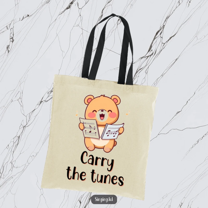 Funny tote bag featuring a happy bear harmonizing with sheet music, perfect for carrying music essentials.