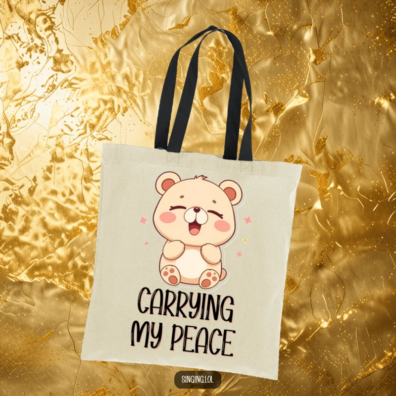 Funny tote bag featuring a happy bear humming contentedly with closed eyes, perfect for carrying essentials peacefully.