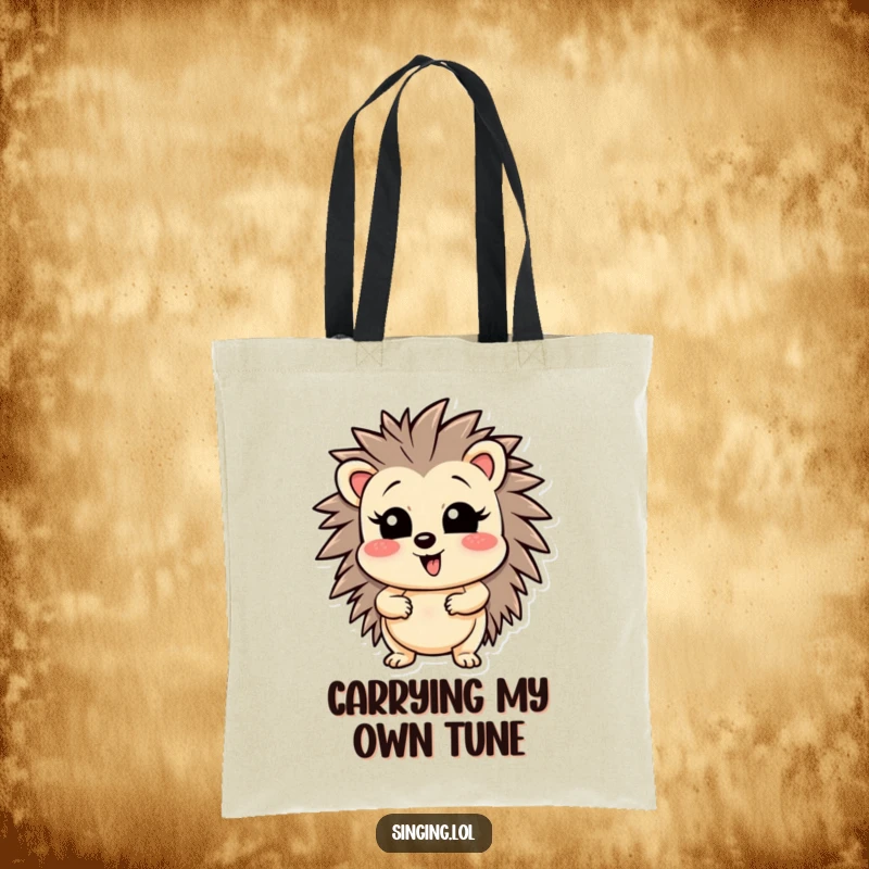 Funny wobbly hedgehog character hitting a high note, printed on a durable tote bag for carrying essentials with humor.