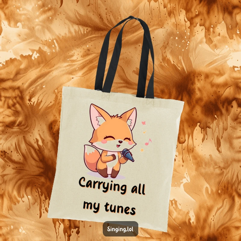 Funny tote bag with a happy fox character holding a microphone and singing with eyes shut in delight.