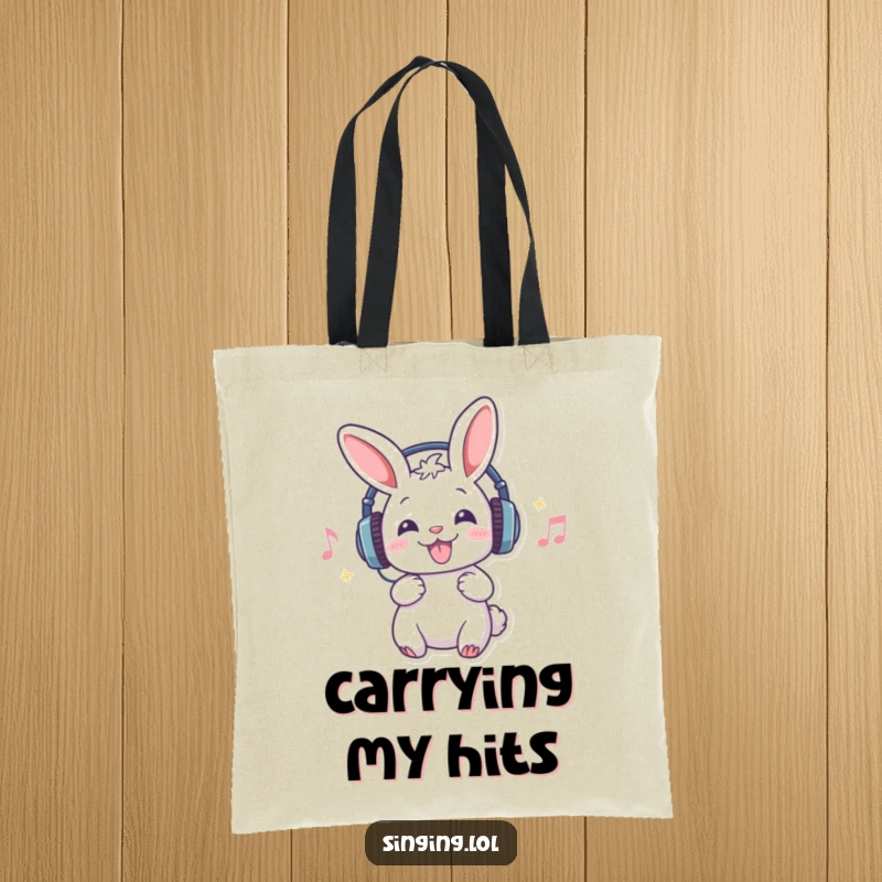 Funny tote bag with a playful rabbit wearing headphones, enthusiastically singing into a microphone, ready for musical adventures.
