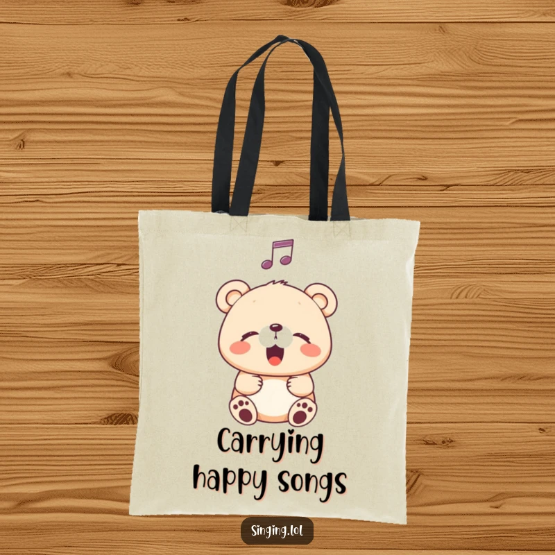 Funny Tote Bag with a happy bear cub singing peacefully, a musical note indicating its sweet song, great for daily use.