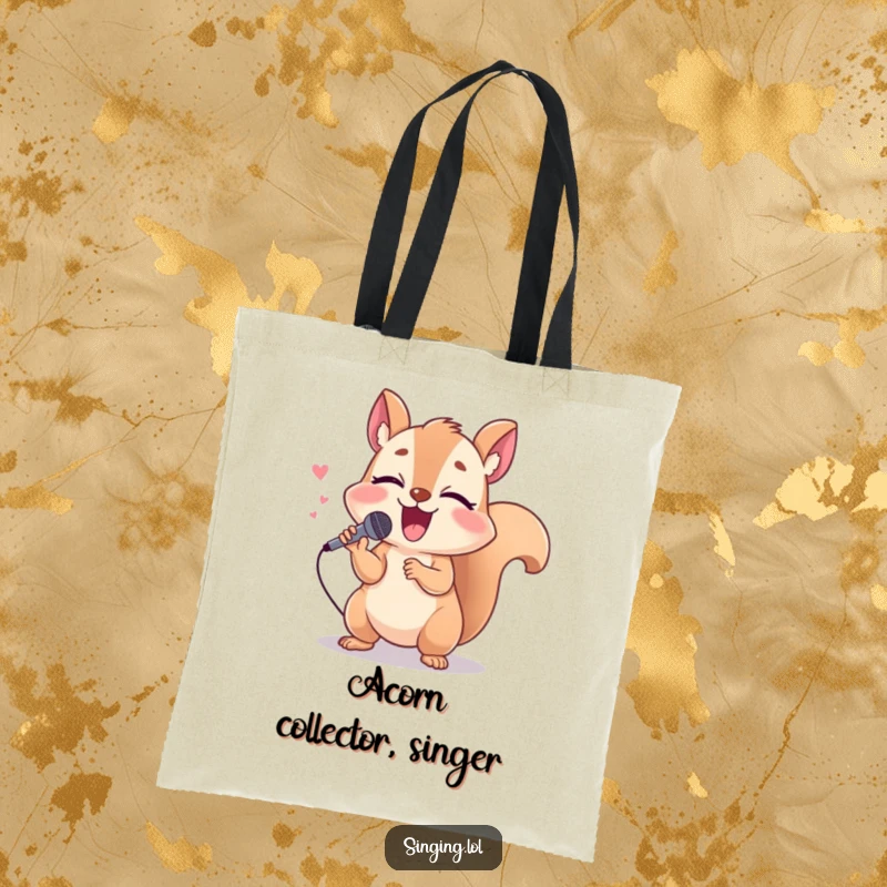 Funny squirrel tote bag with a giggling character holding a tiny microphone, singing loudly, ready for adventures.