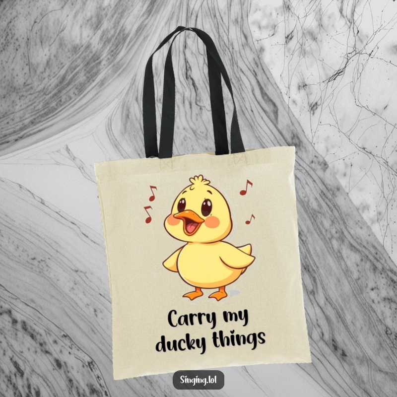 Funny tote bag showing a surprised duck character quacking a humorous melody, great for stylish and humorous carrying.