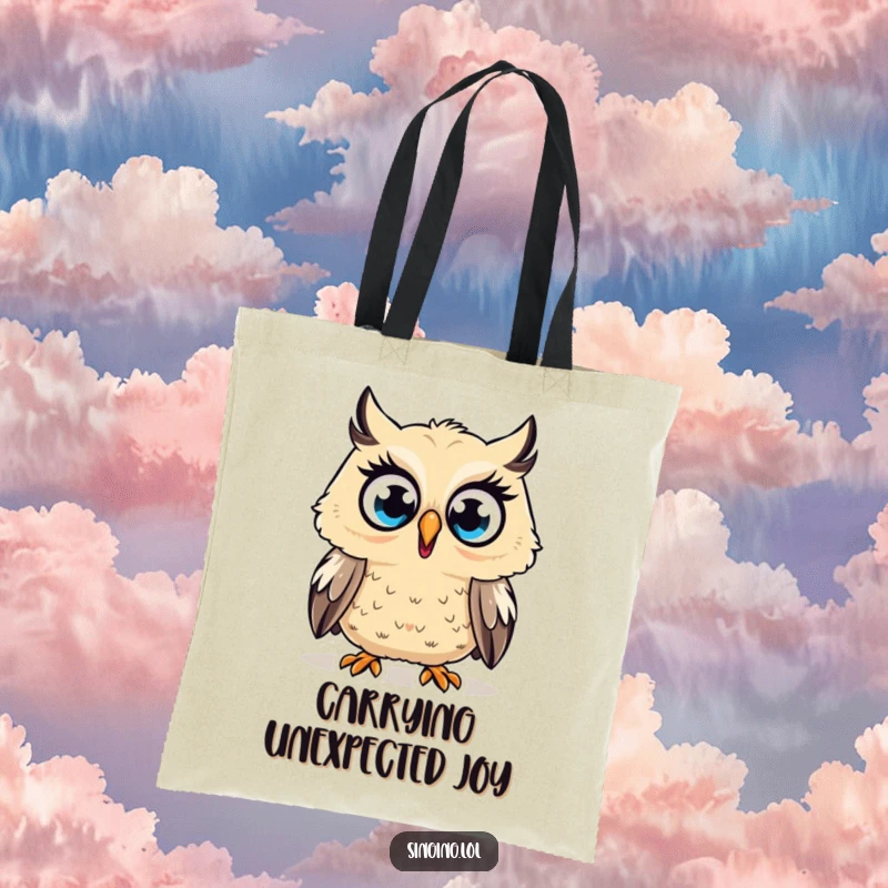 Funny Tote Bag with a surprised owl character hooting loudly with wide eyes, perfect for carrying essentials with a touch of shock.