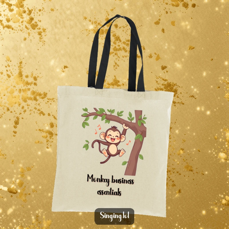 Funny Monkey Singing Tote Bag, a happy primate swinging on a branch while singing, showcasing a fun and musical accessory.
